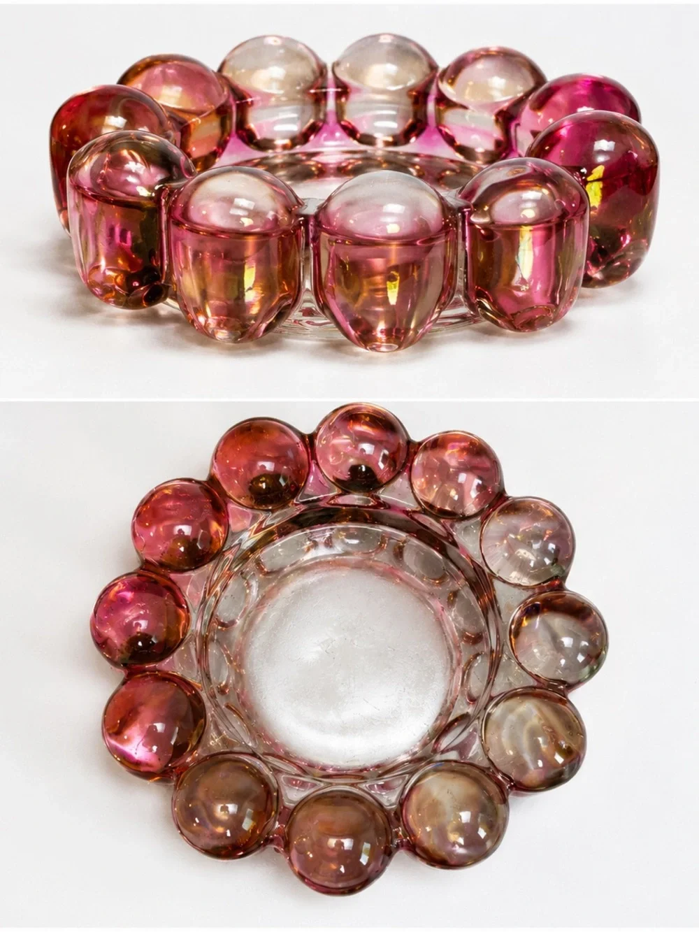 Vintage Pink Bubble Glass Candle Holder Scandinavian Style Art Glass Mid-Century